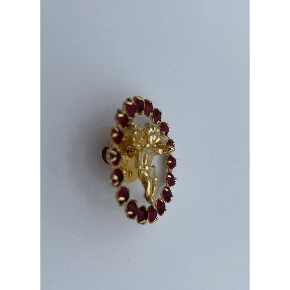 VTG Ballou Reg’d Guardian Angel/Cherub Gold Tone & Red Rhinestone Lapel Tack Pin